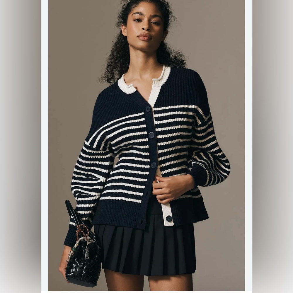 NWT Anthropologie Maeve blouson sleeve button up cardigan navy and white - Picture 1 of 17